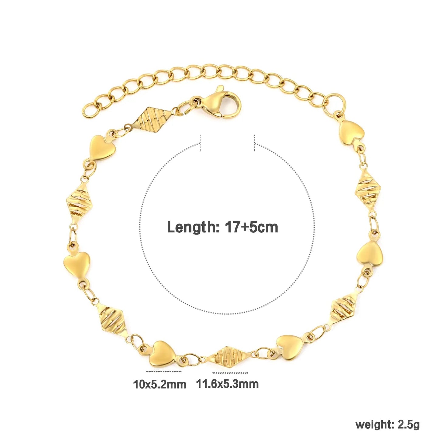 Waterproof 18K Gold Plated Textured Diamond and Polished Heart Bracelet
