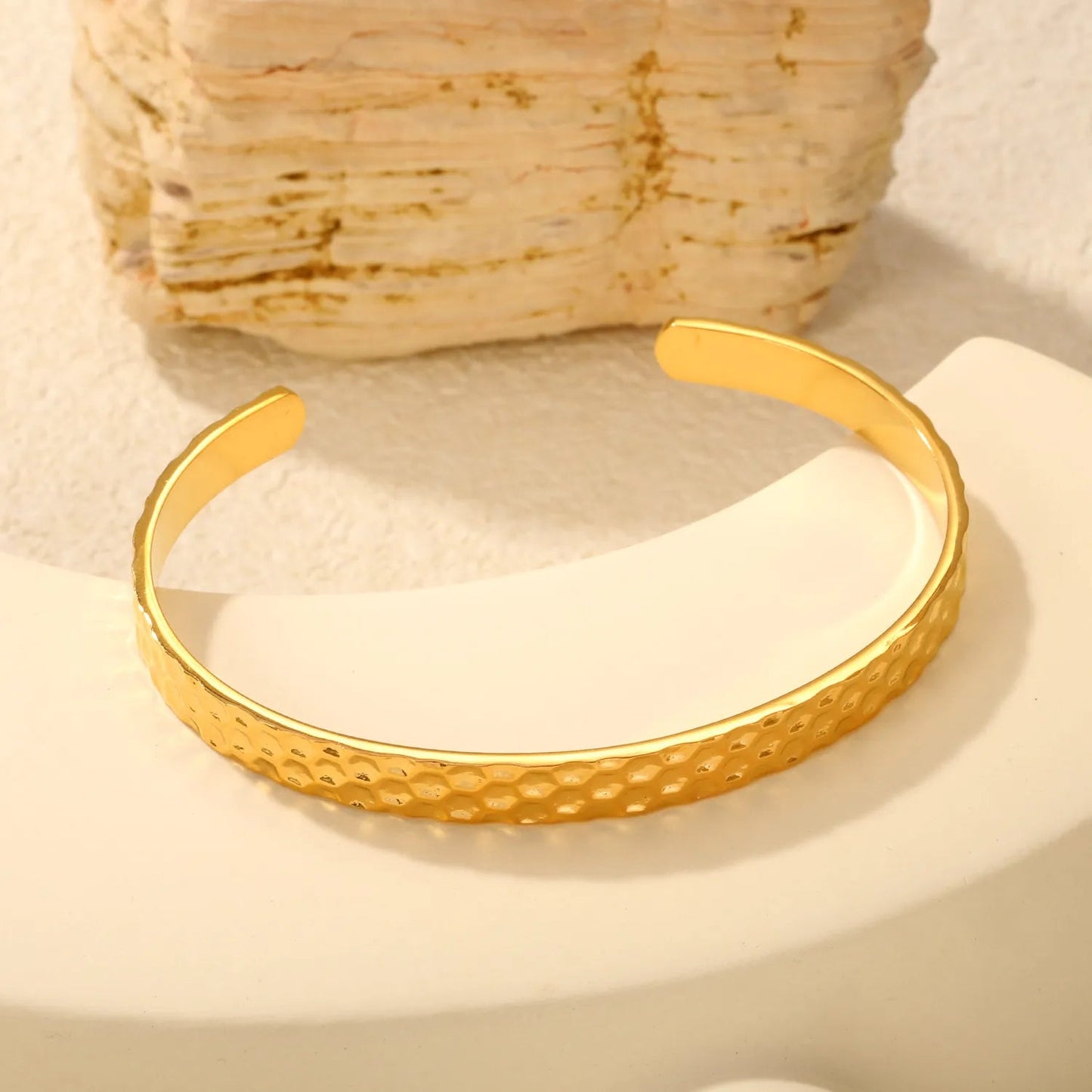 Subtle Honeycomb Gold Cuff Bangle Bringing Organic Metallic Shine to Casual Outfits