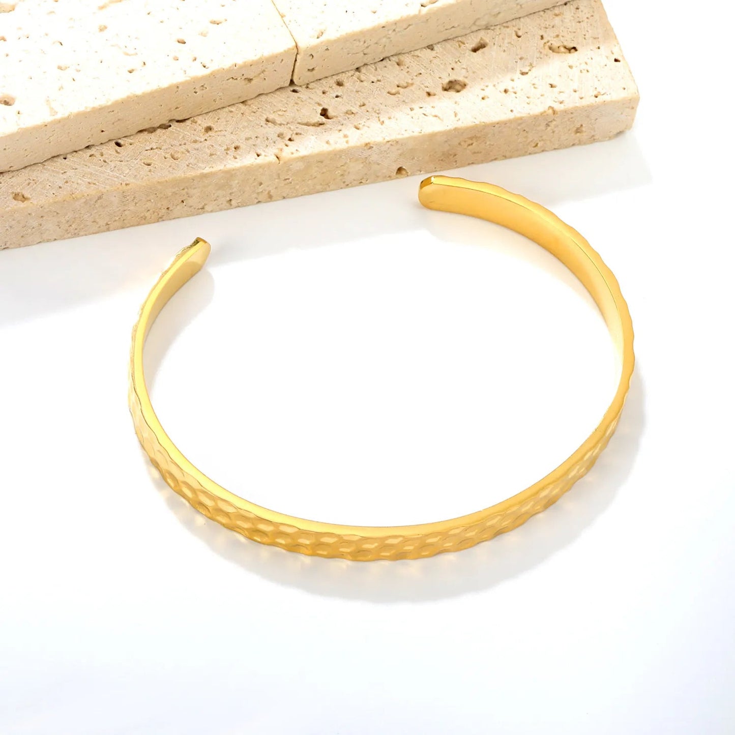 Subtle Honeycomb Gold Cuff Bangle Bringing Organic Metallic Shine to Casual Outfits