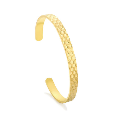 Subtle Honeycomb Gold Cuff Bangle Bringing Organic Metallic Shine to Casual Outfits