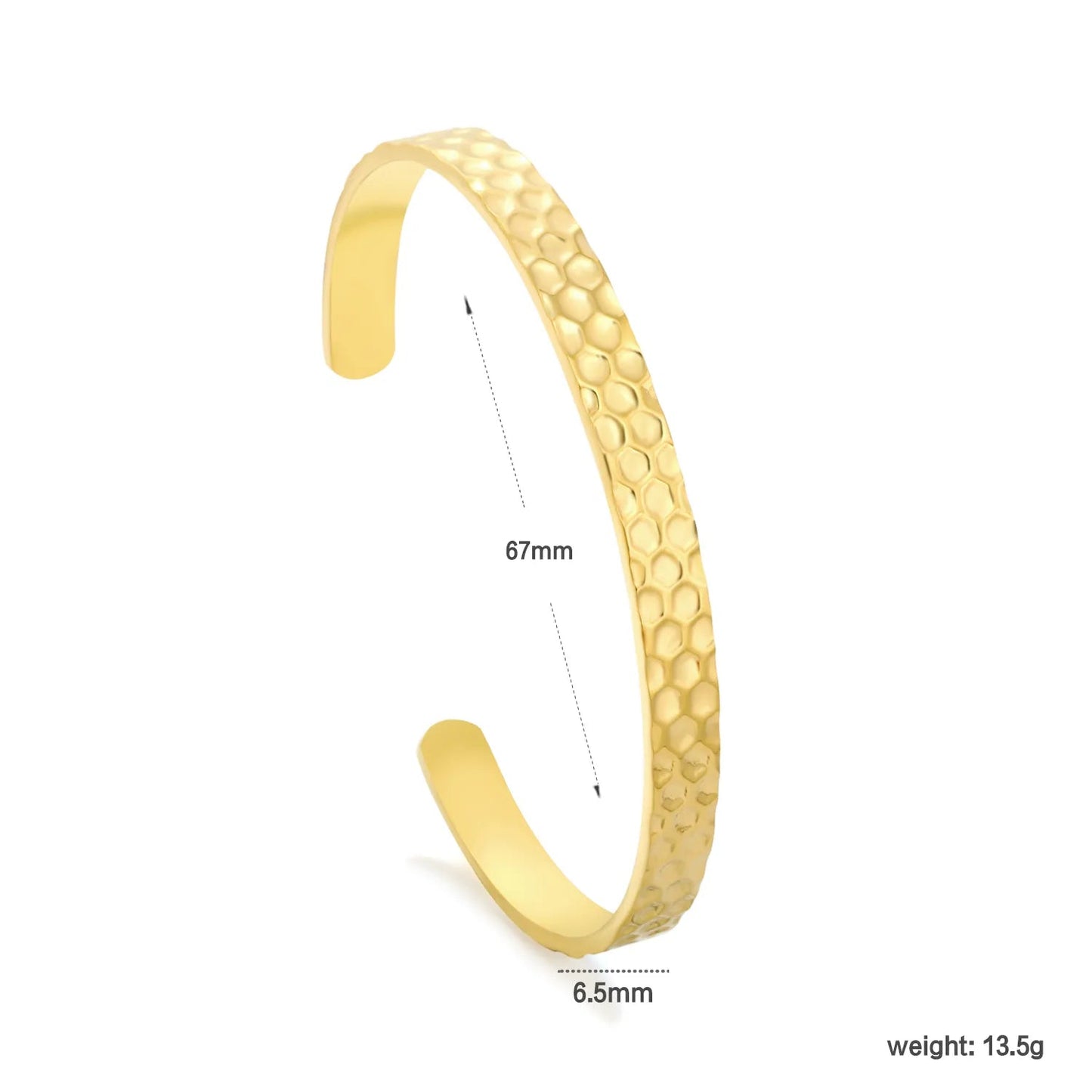 Subtle Honeycomb Gold Cuff Bangle Bringing Organic Metallic Shine to Casual Outfits