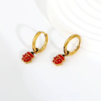 Quirky Glazed Ladybug Insect Pendant Dangle Hoop Earrings Stainless Steel