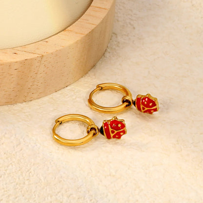 Quirky Glazed Ladybug Insect Pendant Dangle Hoop Earrings Stainless Steel