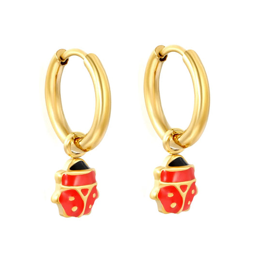 Quirky Glazed Ladybug Insect Pendant Dangle Hoop Earrings Stainless Steel