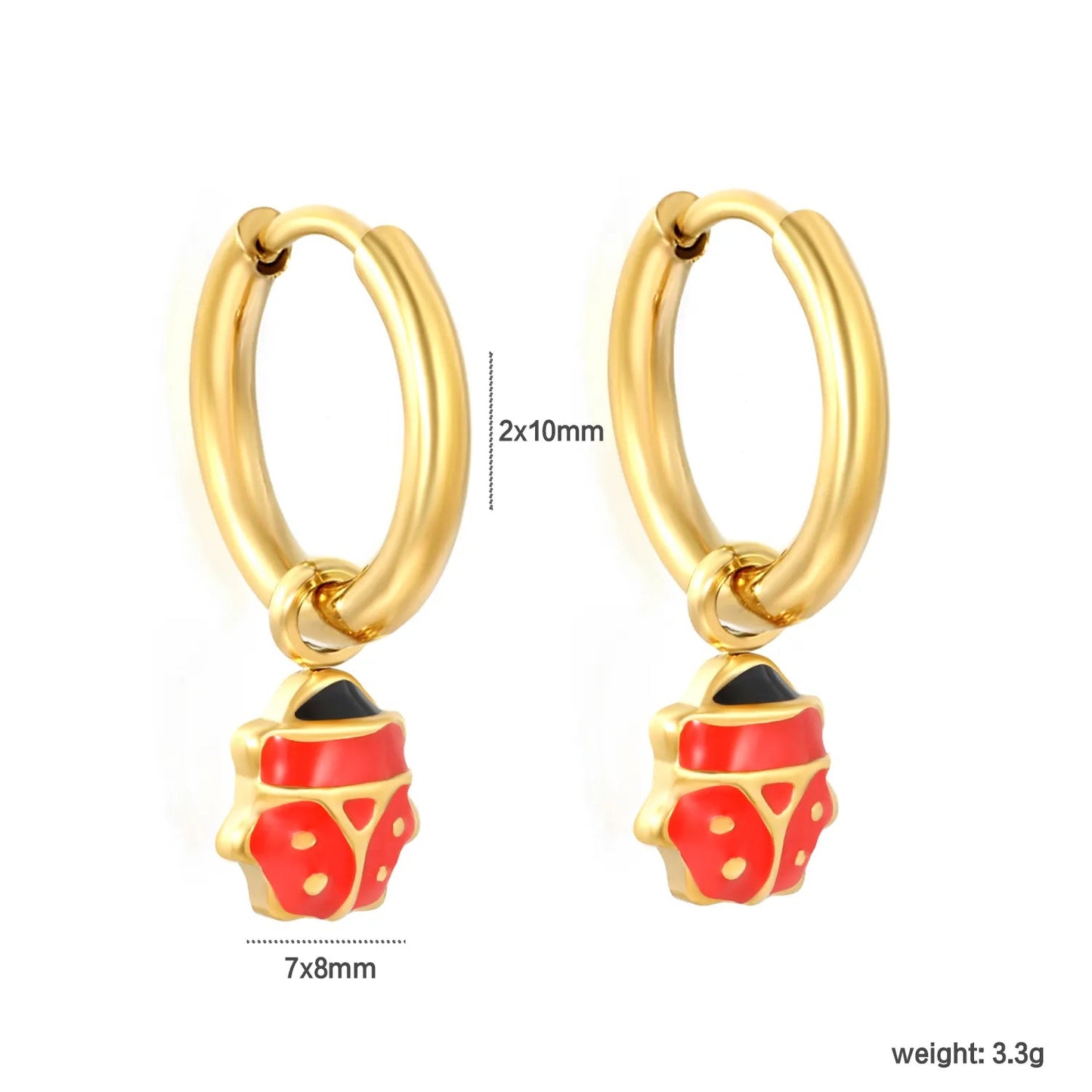 Quirky Glazed Ladybug Insect Pendant Dangle Hoop Earrings Stainless Steel