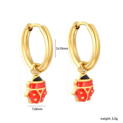 Quirky Glazed Ladybug Insect Pendant Dangle Hoop Earrings Stainless Steel