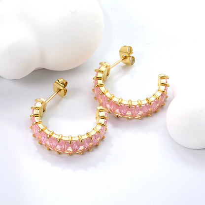 Hypoallergenic 304L Steel 6.8mm Width Pastel Pink Rectangle Stone Hoop Earrings