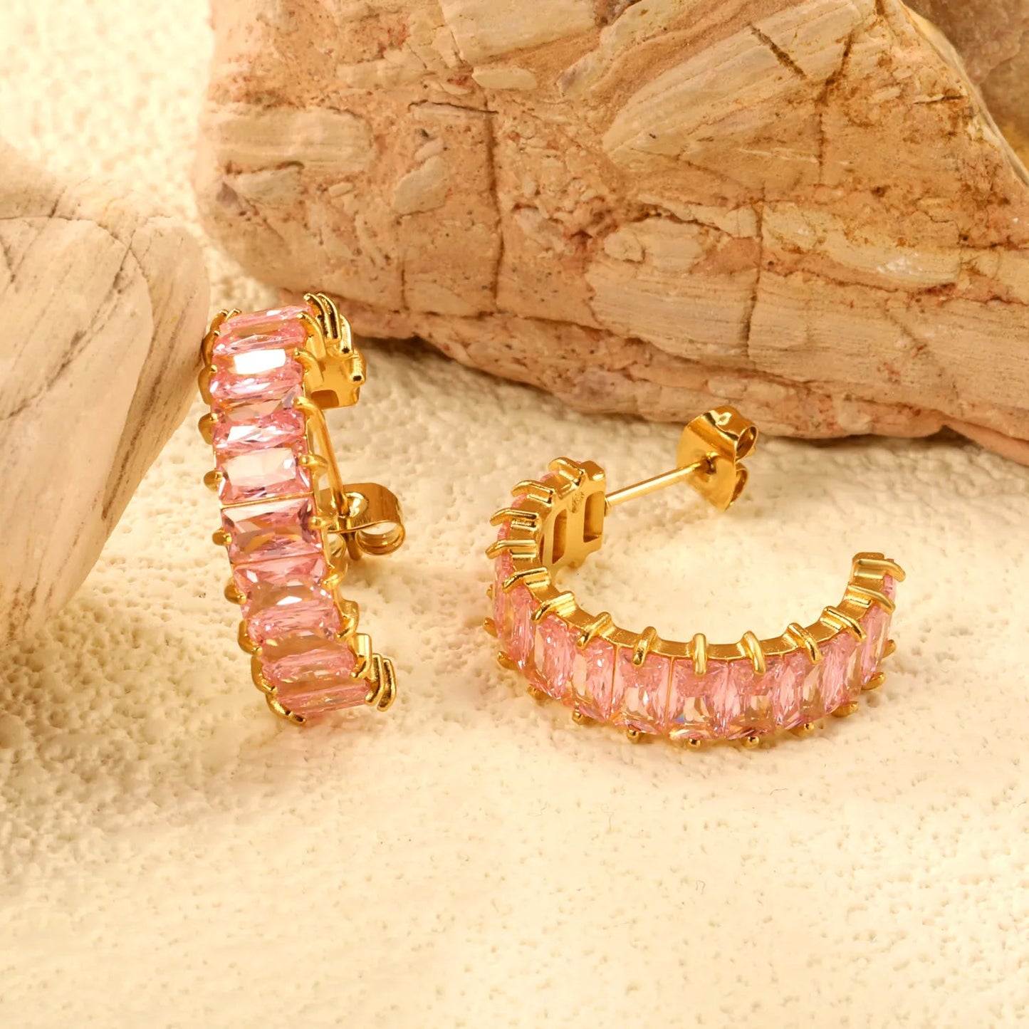 Hypoallergenic 304L Steel 6.8mm Width Pastel Pink Rectangle Stone Hoop Earrings