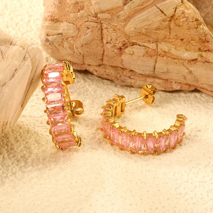 Hypoallergenic 304L Steel 6.8mm Width Pastel Pink Rectangle Stone Hoop Earrings