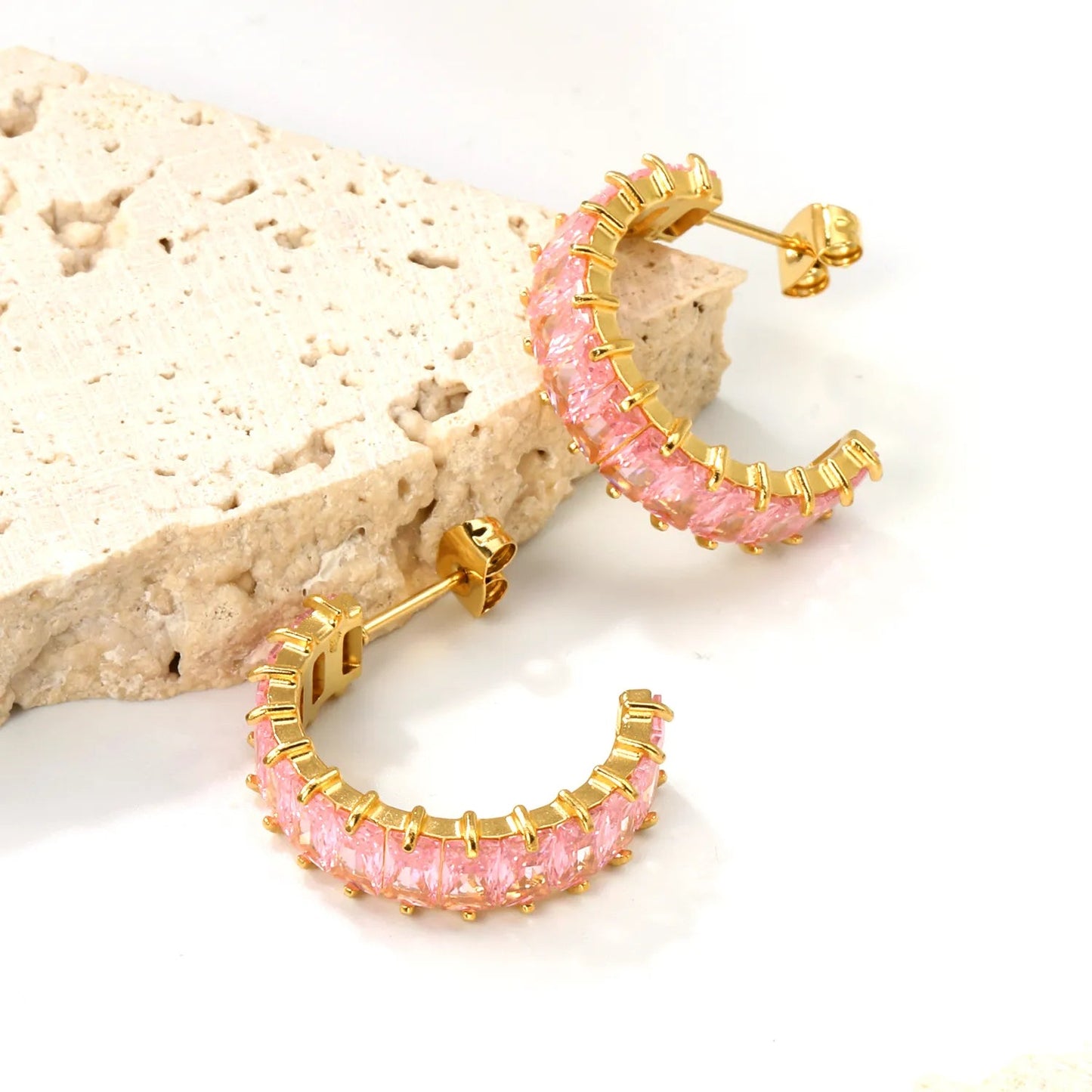 Hypoallergenic 304L Steel 6.8mm Width Pastel Pink Rectangle Stone Hoop Earrings