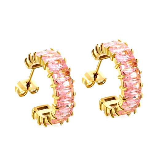 Hypoallergenic 304L Steel 6.8mm Width Pastel Pink Rectangle Stone Hoop Earrings