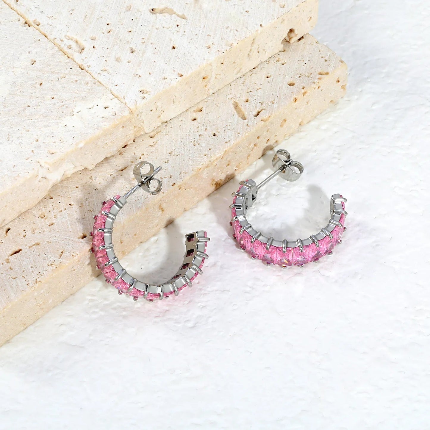 Hypoallergenic 304L Steel 6.8mm Width Pastel Pink Rectangle Stone Hoop Earrings