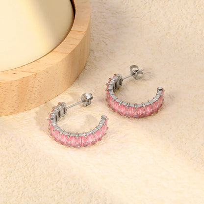 Hypoallergenic 304L Steel 6.8mm Width Pastel Pink Rectangle Stone Hoop Earrings