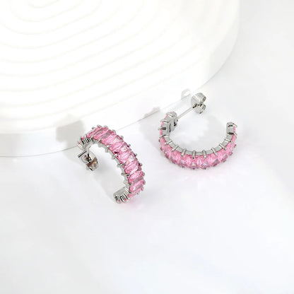 Hypoallergenic 304L Steel 6.8mm Width Pastel Pink Rectangle Stone Hoop Earrings