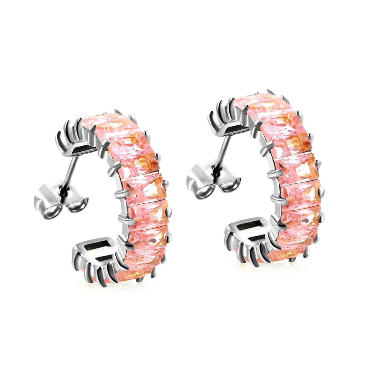 Hypoallergenic 304L Steel 6.8mm Width Pastel Pink Rectangle Stone Hoop Earrings