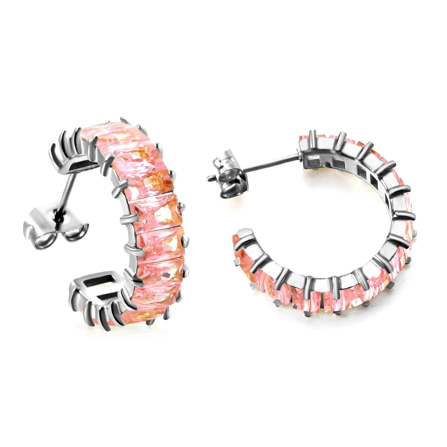 Hypoallergenic 304L Steel 6.8mm Width Pastel Pink Rectangle Stone Hoop Earrings