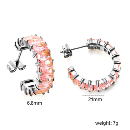 Hypoallergenic 304L Steel 6.8mm Width Pastel Pink Rectangle Stone Hoop Earrings
