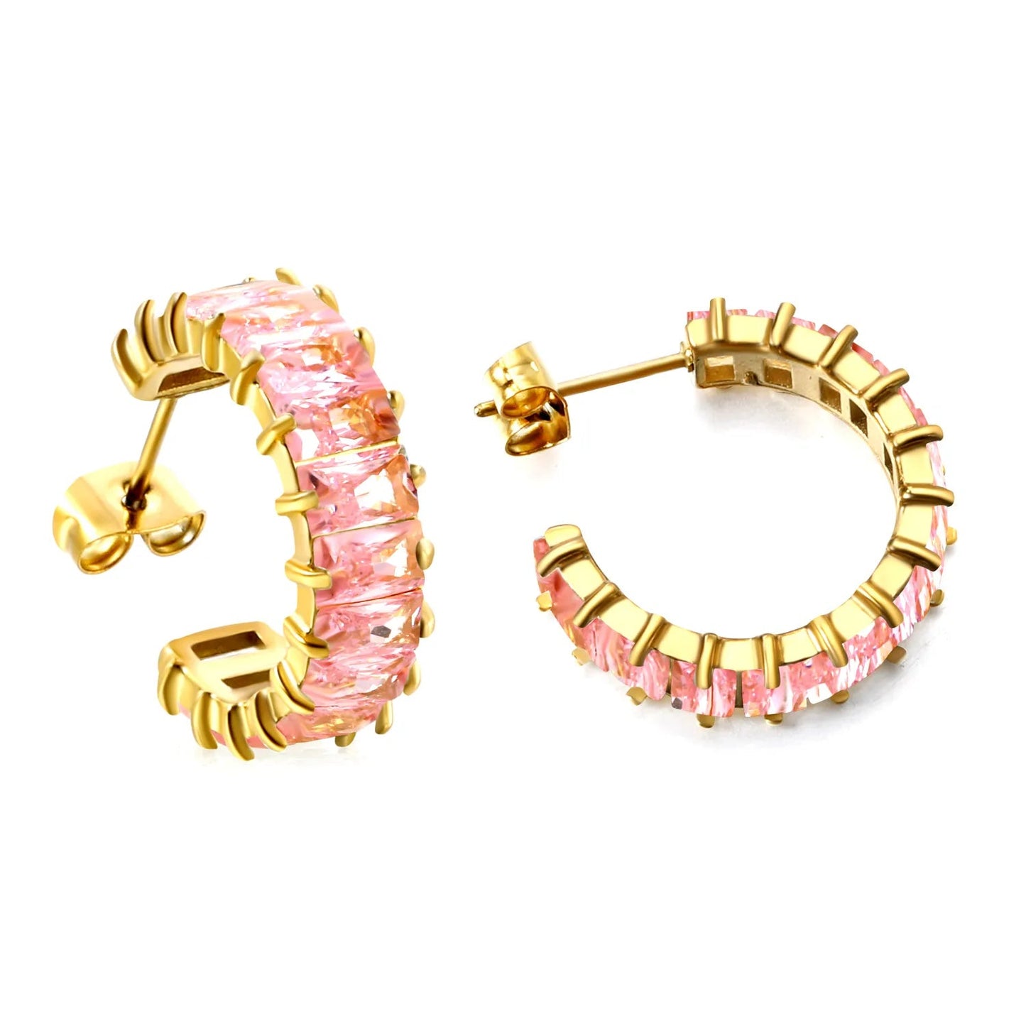 Hypoallergenic 304L Steel 6.8mm Width Pastel Pink Rectangle Stone Hoop Earrings