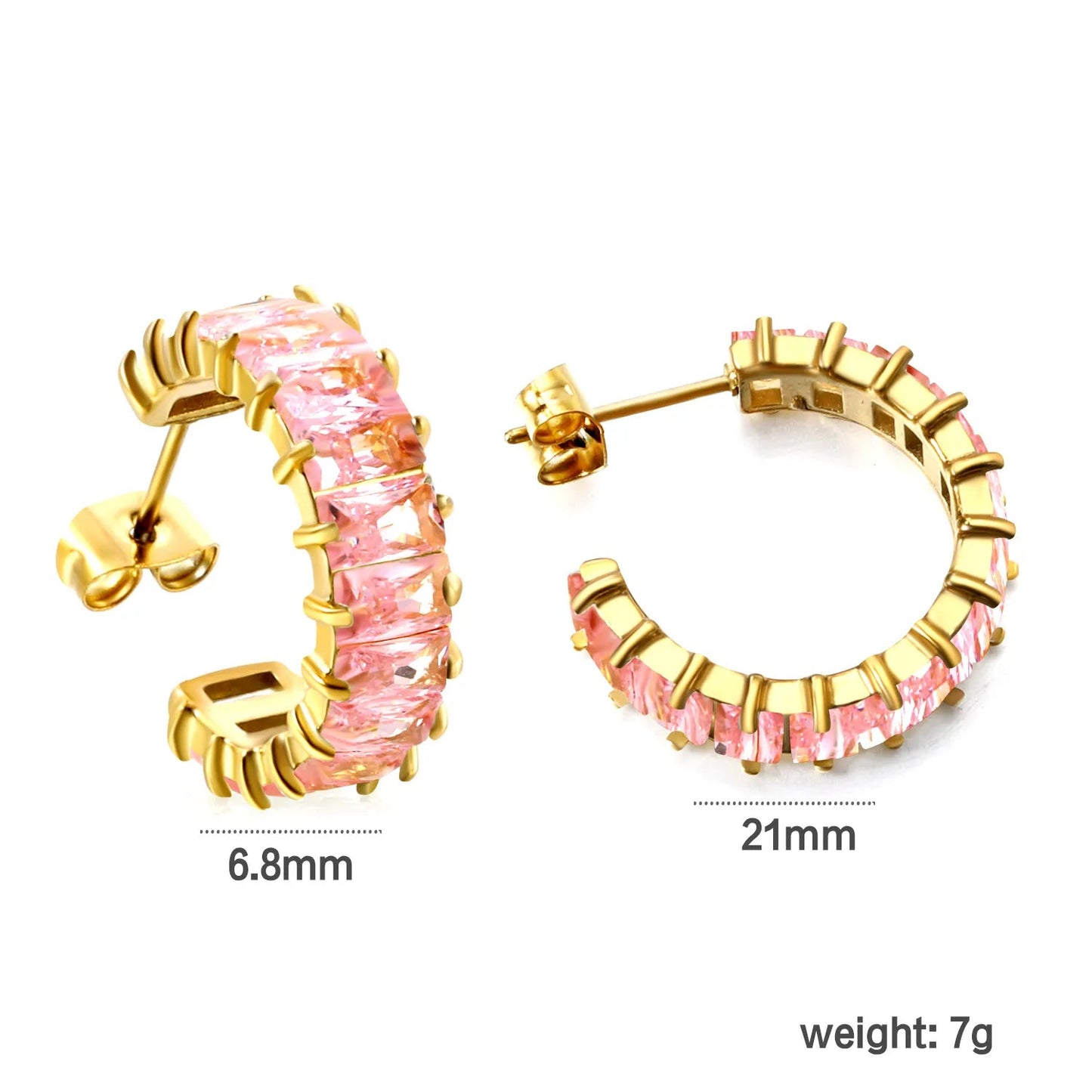 Hypoallergenic 304L Steel 6.8mm Width Pastel Pink Rectangle Stone Hoop Earrings