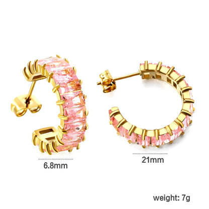 Hypoallergenic 304L Steel 6.8mm Width Pastel Pink Rectangle Stone Hoop Earrings
