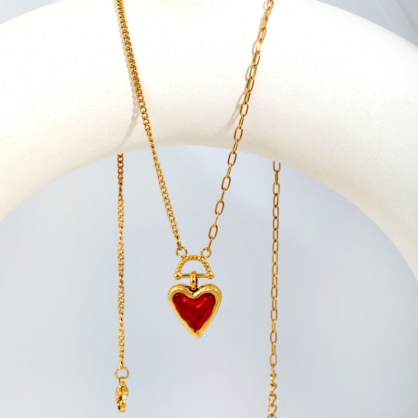 Edgy Asymmetrical Mixed Chain Meets Romantic Red Glass Heart Charm