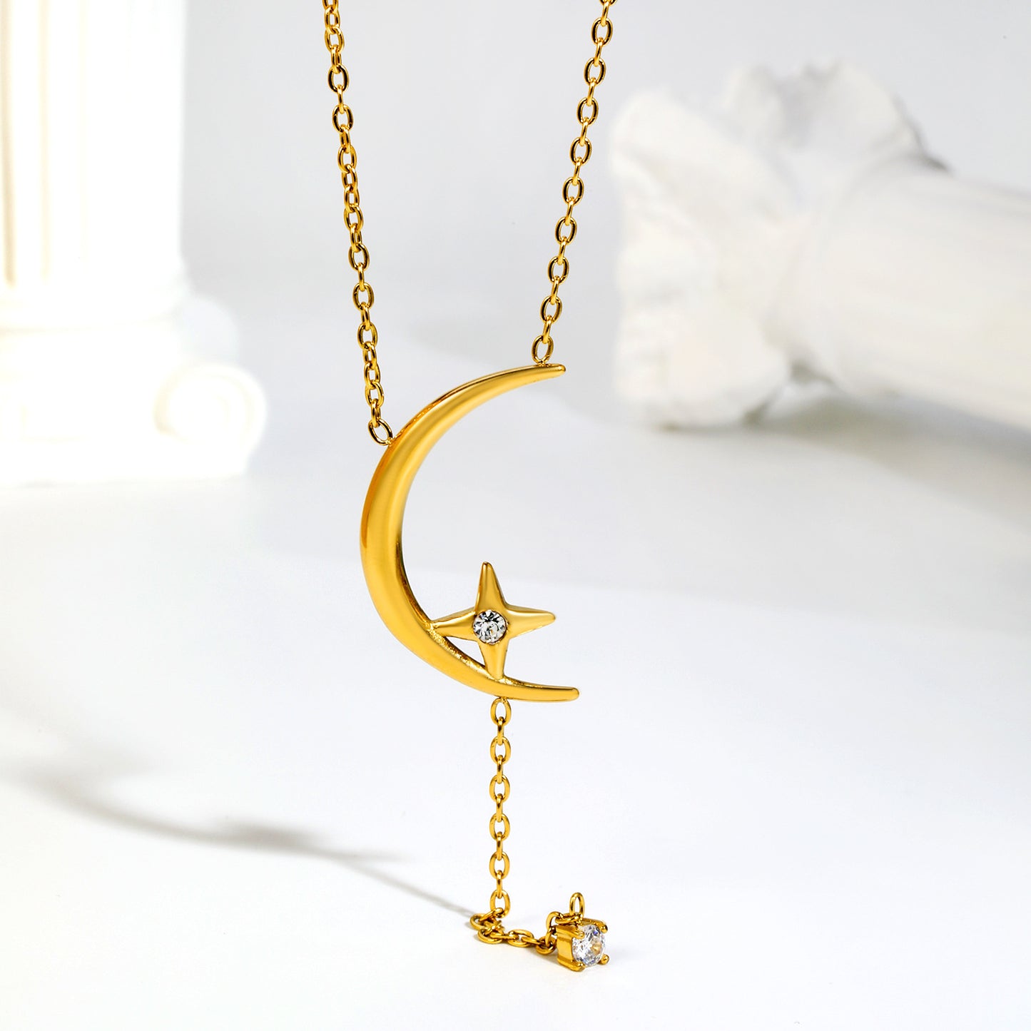 Crescent Moon Star CZ Drop Lariat Y-Necklace in Stainless Steel