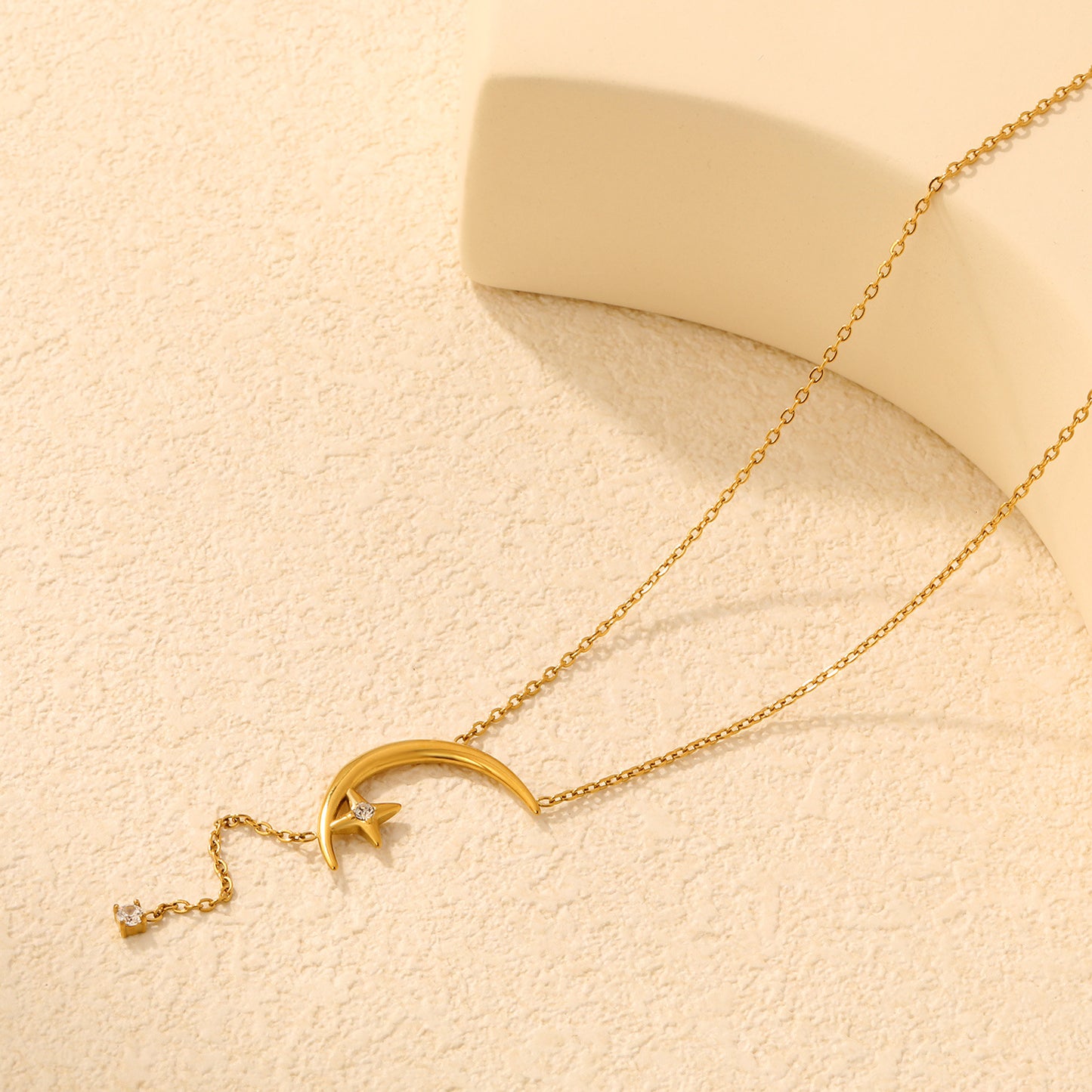 Crescent Moon Star CZ Drop Lariat Y-Necklace in Stainless Steel