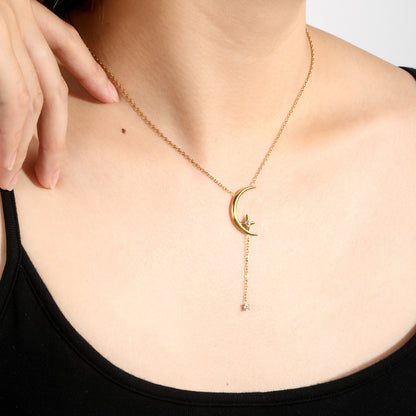 Crescent Moon Star CZ Drop Lariat Y-Necklace in Stainless Steel