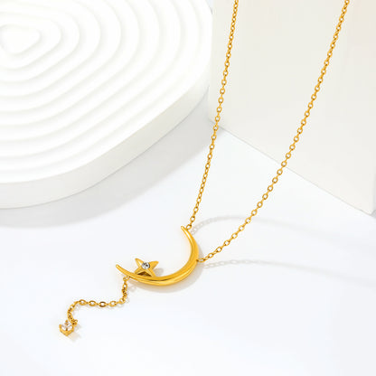 Crescent Moon Star CZ Drop Lariat Y-Necklace in Stainless Steel
