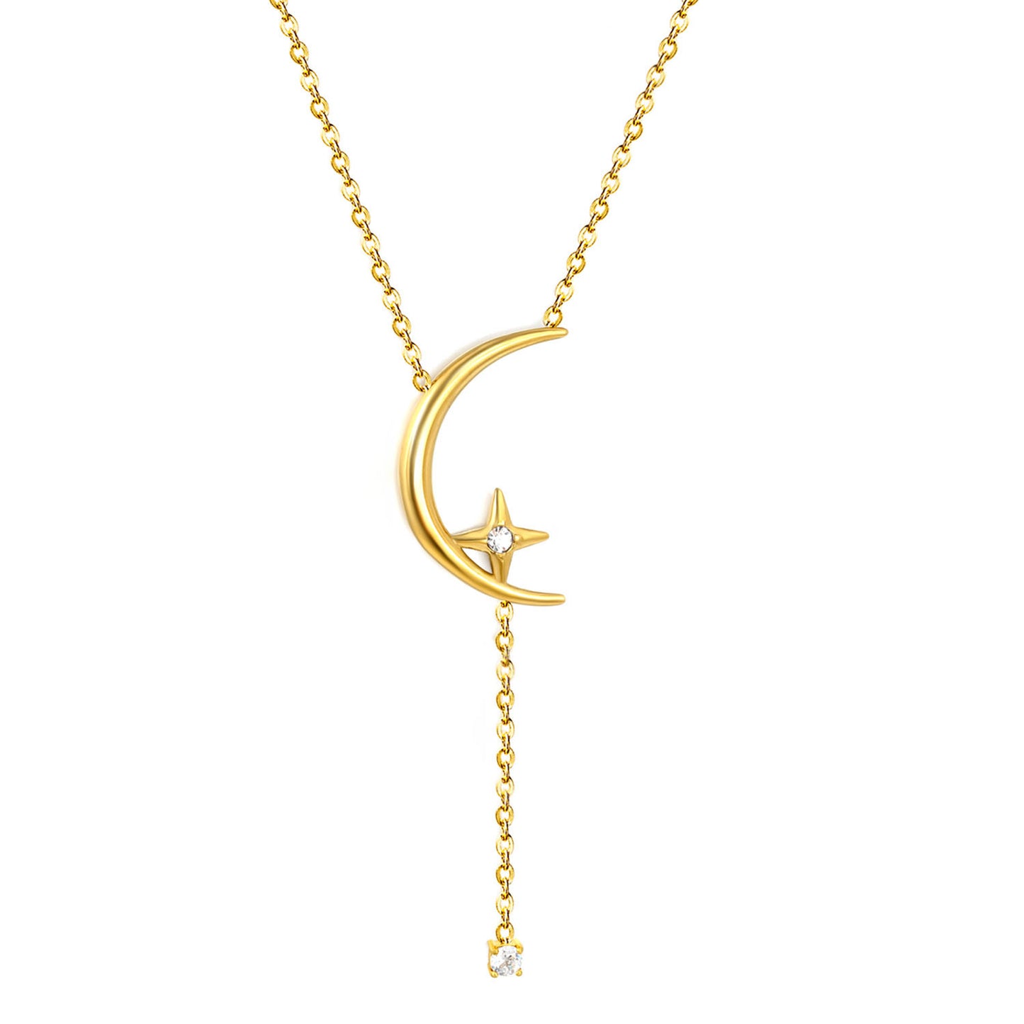 Crescent Moon Star CZ Drop Lariat Y-Necklace in Stainless Steel
