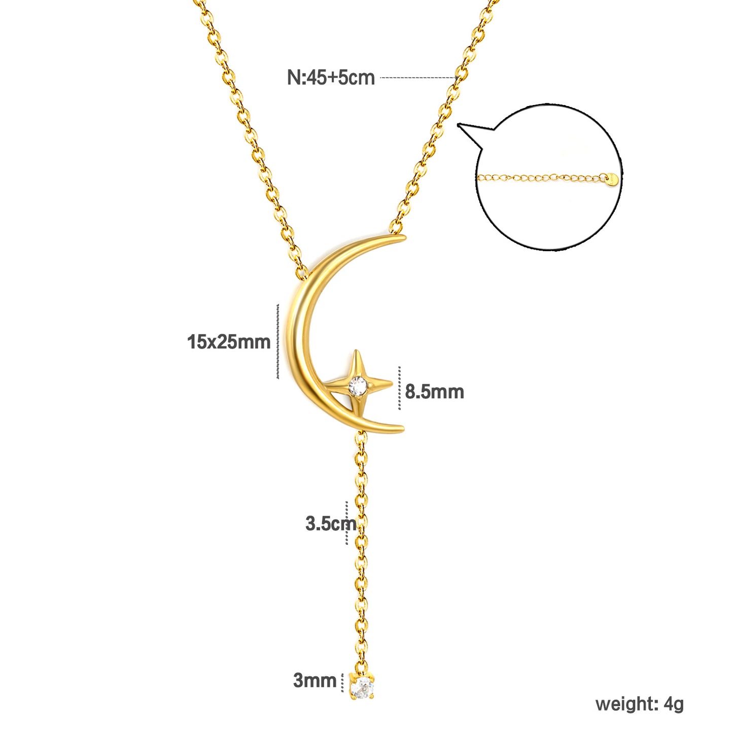 Crescent Moon Star CZ Drop Lariat Y-Necklace in Stainless Steel