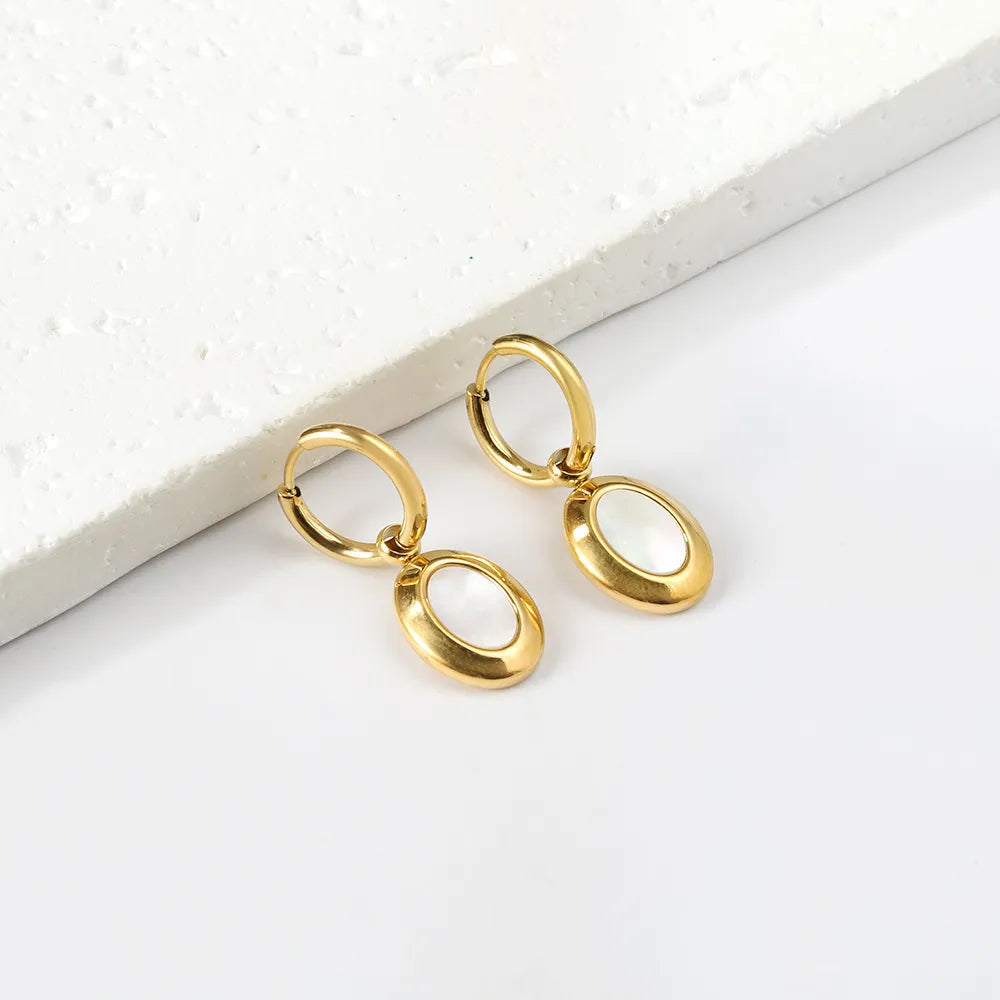 Bulk natural white shell circular charm drop hoop earrings 304L