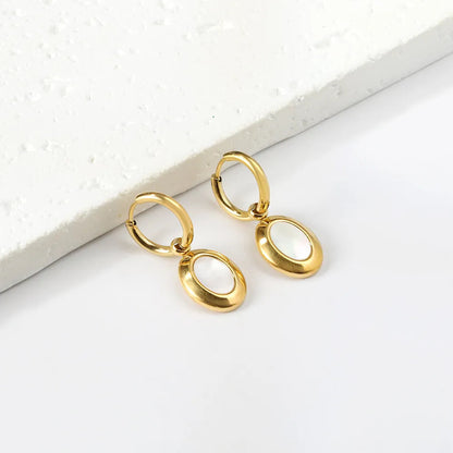 Bulk natural white shell circular charm drop hoop earrings 304L