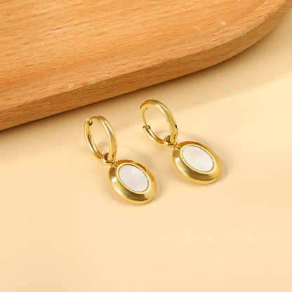 Bulk natural white shell circular charm drop hoop earrings 304L