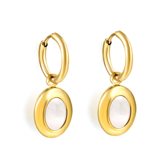 Bulk natural white shell circular charm drop hoop earrings 304L