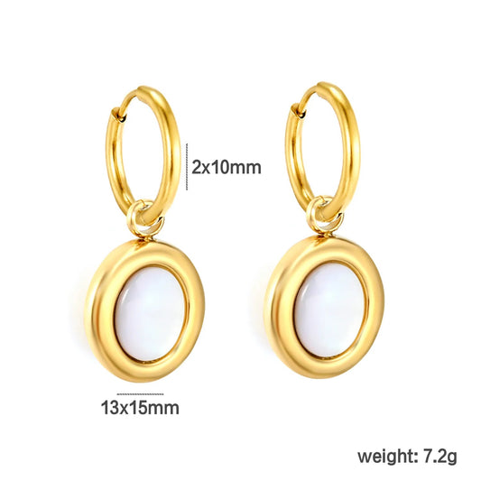 Bulk natural white shell circular charm drop hoop earrings 304L