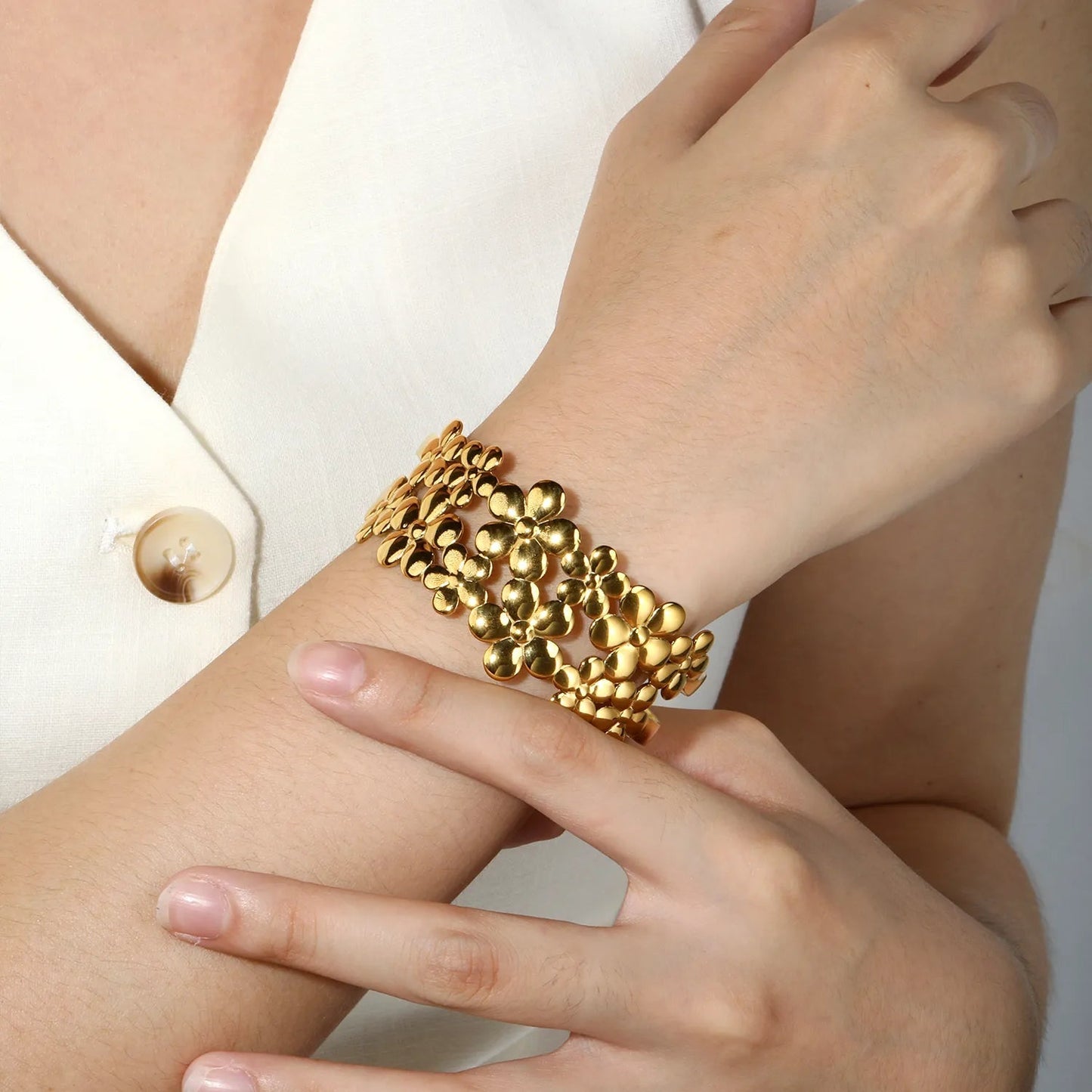 French Riviera Romance: Statement 32mm Wide Layered Floral Cutout Cuff