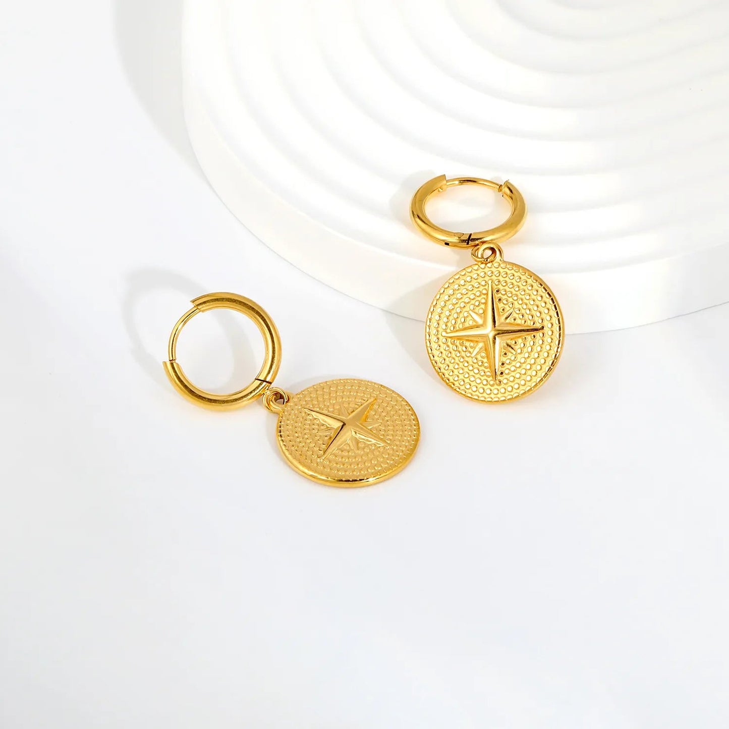 Waterproof 304L Steel Latch Back Hoop Earrings Removable 16.8mm Compass Coin Charm