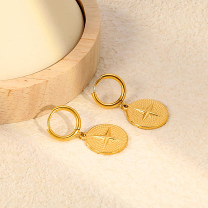 Waterproof 304L Steel Latch Back Hoop Earrings Removable 16.8mm Compass Coin Charm