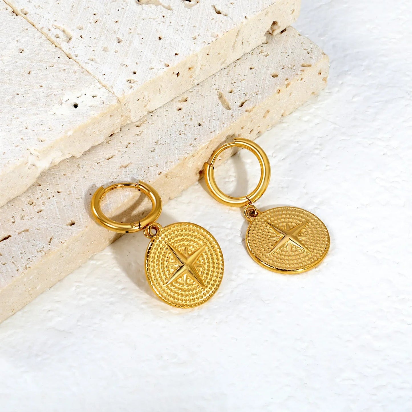 Waterproof 304L Steel Latch Back Hoop Earrings Removable 16.8mm Compass Coin Charm