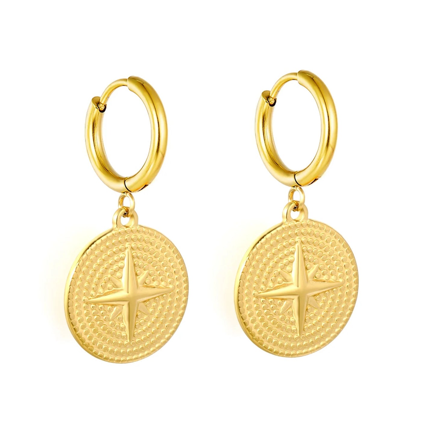 Waterproof 304L Steel Latch Back Hoop Earrings Removable 16.8mm Compass Coin Charm