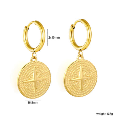 Waterproof 304L Steel Latch Back Hoop Earrings Removable 16.8mm Compass Coin Charm