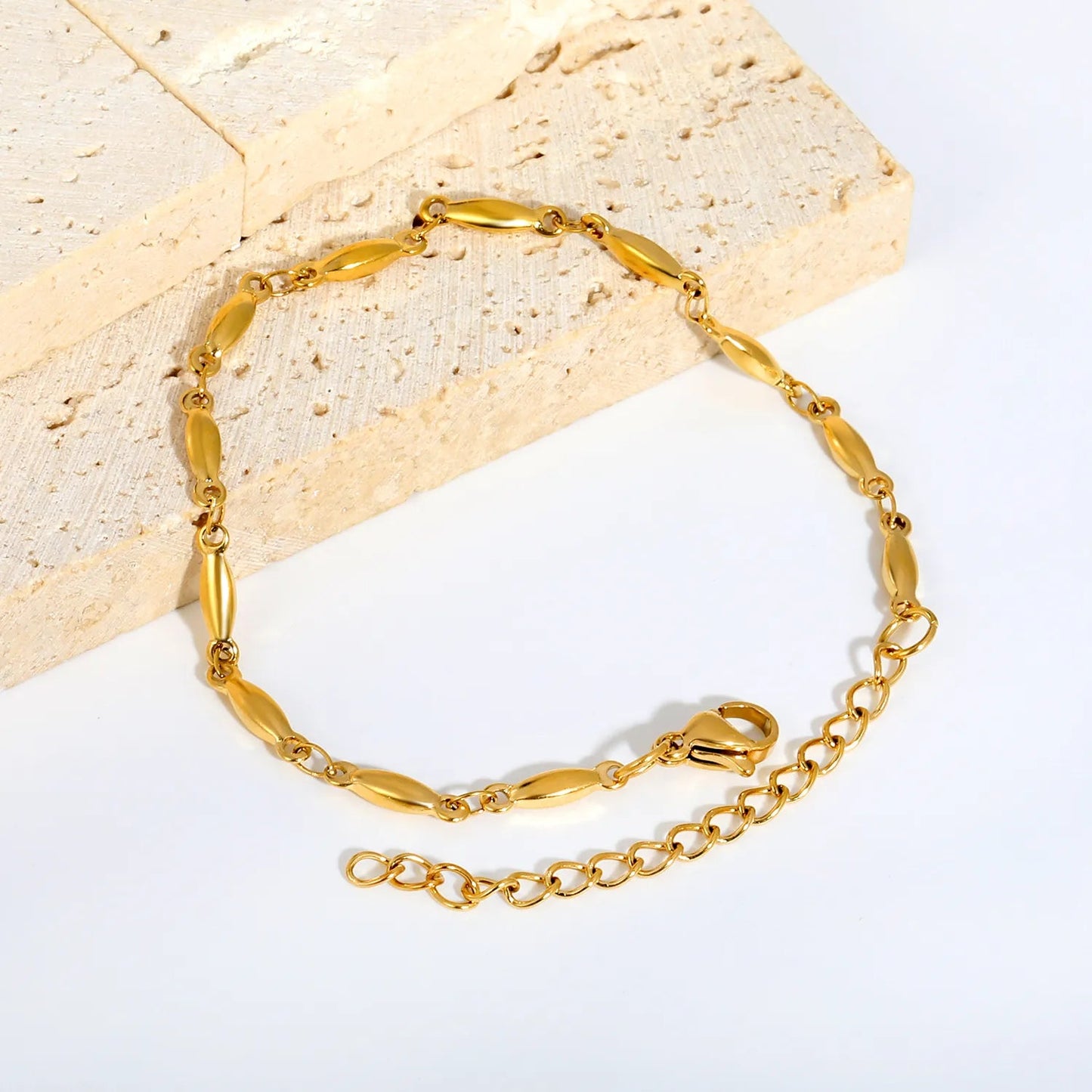 Minimalist Olive Rice Bead Station Chain Bracelet in 304L Stainless Steel