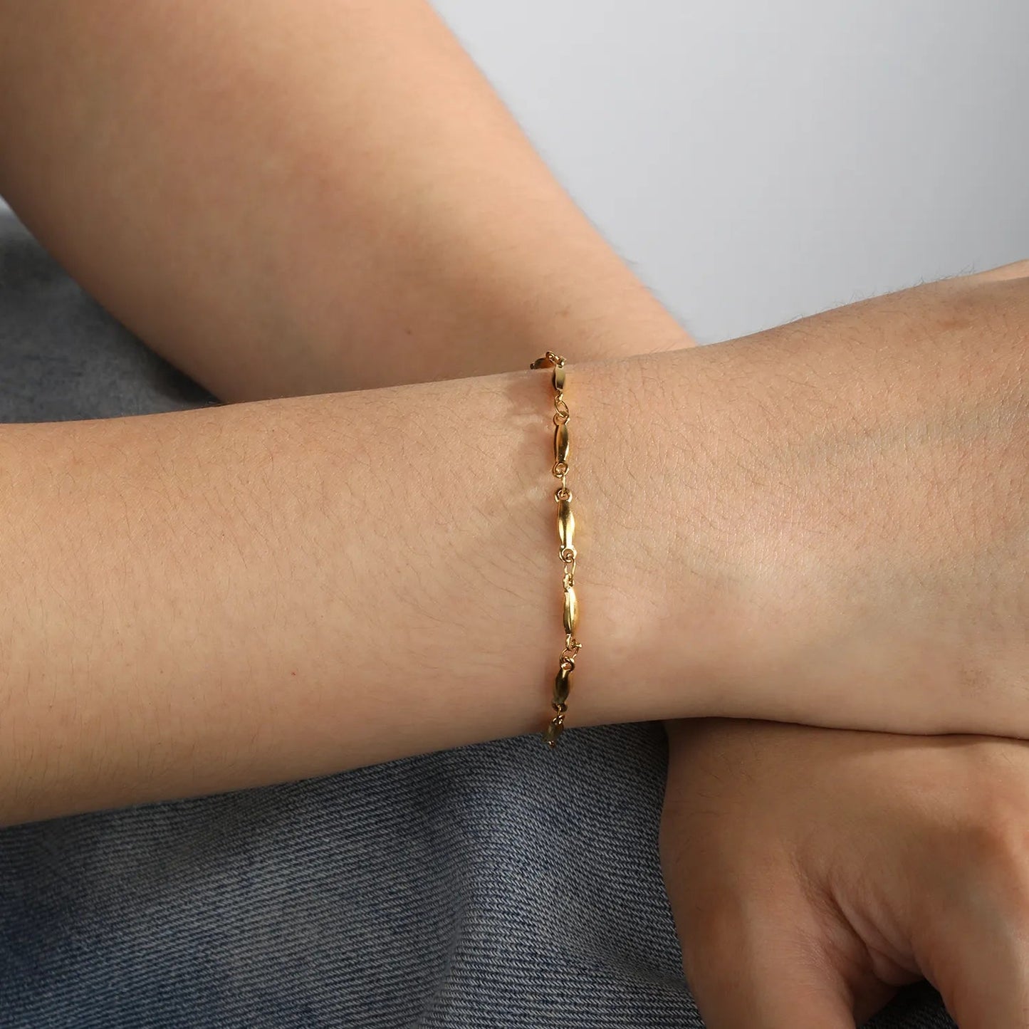 Minimalist Olive Rice Bead Station Chain Bracelet in 304L Stainless Steel