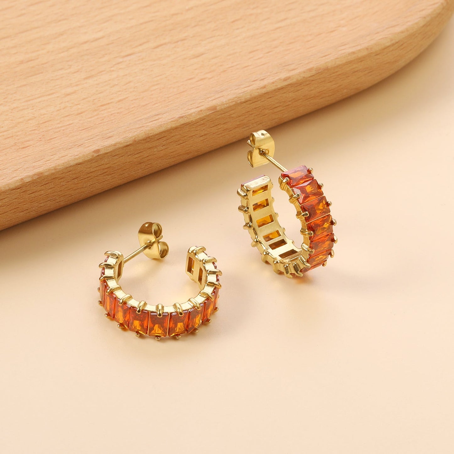 Waterproof 304L Steel 6.8x21mm Amber Yellow Baguette CZ C-Hoops Bulk Earrings