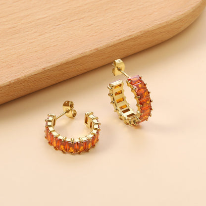 Waterproof 304L Steel 6.8x21mm Amber Yellow Baguette CZ C-Hoops Bulk Earrings