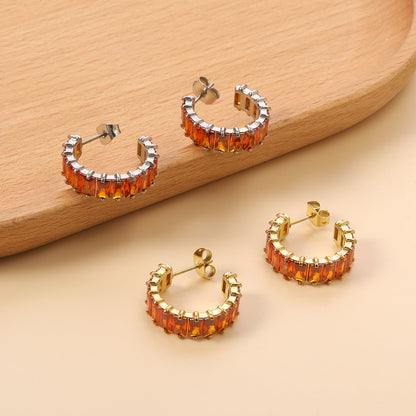 Waterproof 304L Steel 6.8x21mm Amber Yellow Baguette CZ C-Hoops Bulk Earrings