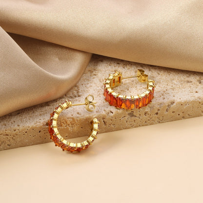 Waterproof 304L Steel 6.8x21mm Amber Yellow Baguette CZ C-Hoops Bulk Earrings