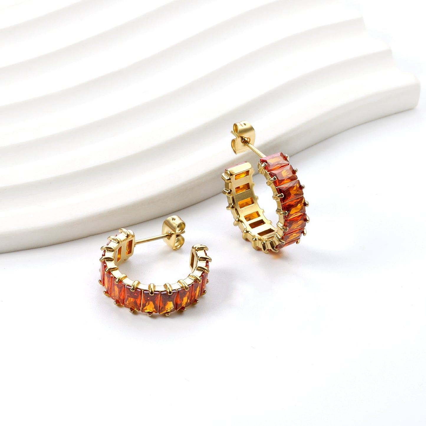 Waterproof 304L Steel 6.8x21mm Amber Yellow Baguette CZ C-Hoops Bulk Earrings