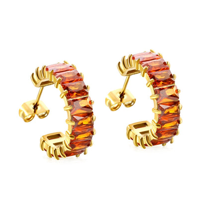 Waterproof 304L Steel 6.8x21mm Amber Yellow Baguette CZ C-Hoops Bulk Earrings